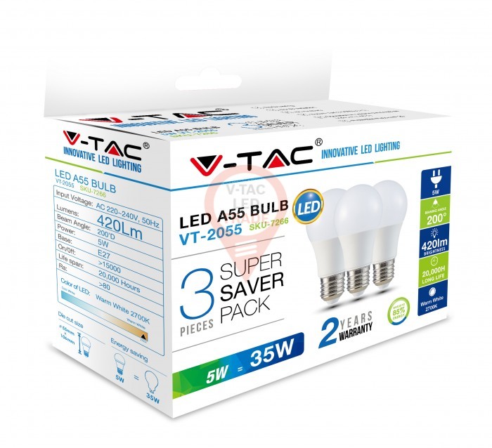 LED Bulb - 5W E27 A55 Thermoplastic Warm White 3PCS/PACK