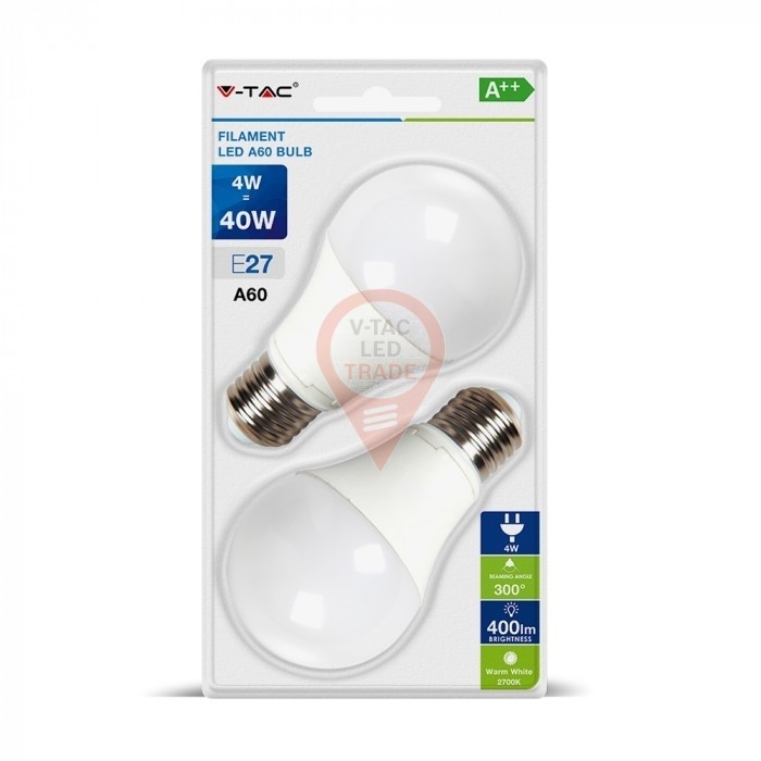Filament LED Bulb Clear Cover - 4W E27 A60 Warm White  2PCS/Blister