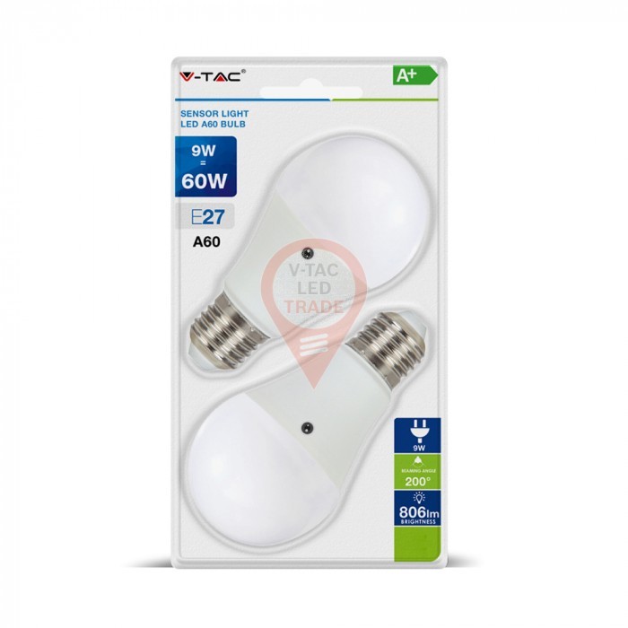 LED Bulb - 9W E27 A60 Thermoplastic Day&Night Sensor Warm White 2PCS/PACK