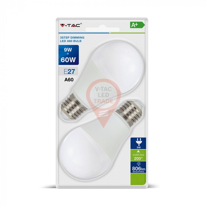 LED Bulb - 9W E27 A60 Thermoplastic 3 Step Dimming Warm White 2 pcs Blister Pack