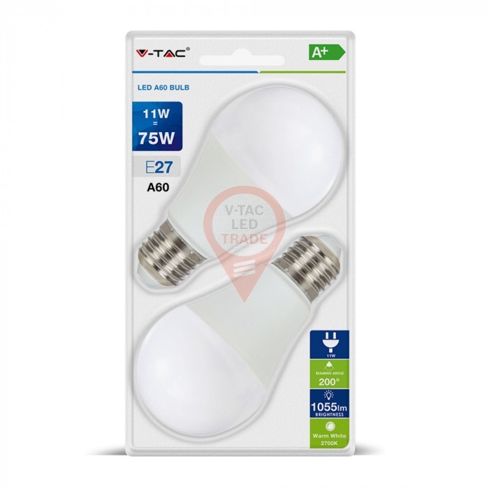 LED Bulb - 11W E27 A60 Thermoplastic White 2PCS/PACK