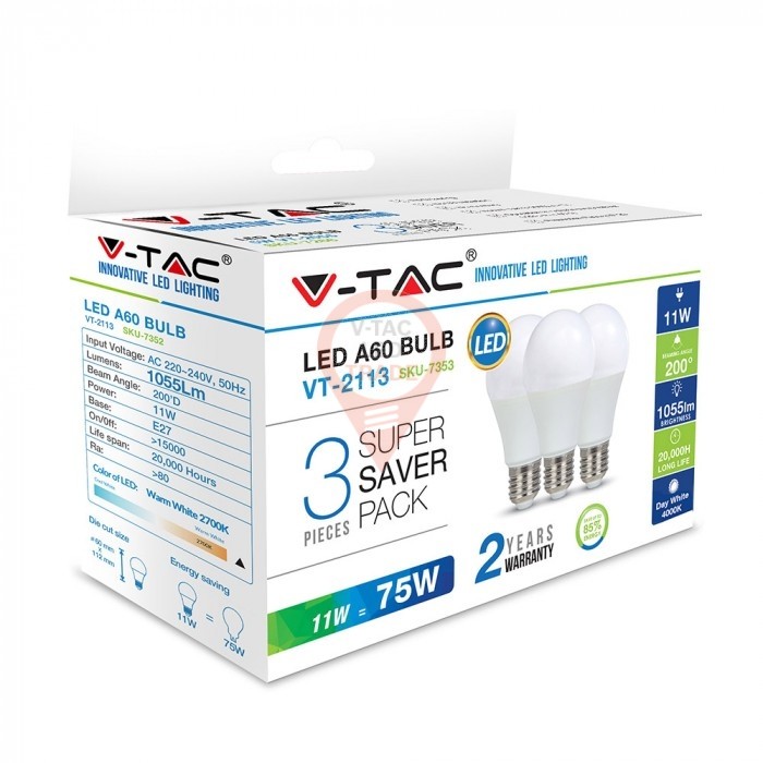 LED Bulb - 11W E27 A60 Thermoplastic Natural White 3 pcs/pack