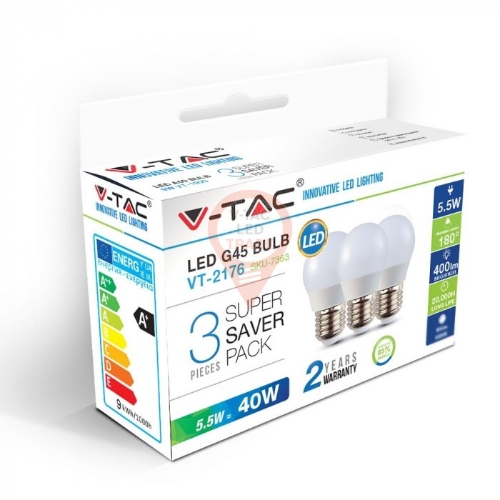 LED Bulb - 5.5W E27 G45 Natural White 3PCS/PACK