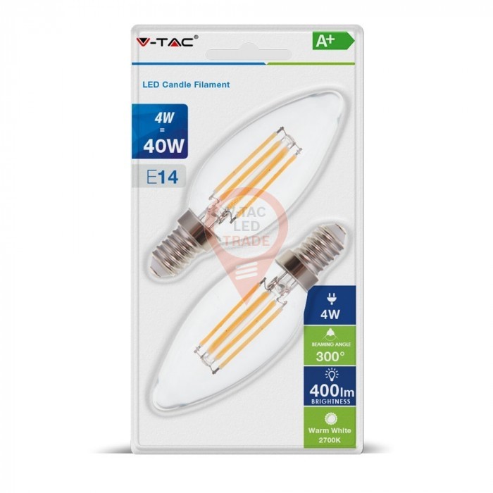 LED Bulb - 4W Filament E14 Candle Clear Cover Warm White 2PCS/Blister Pack