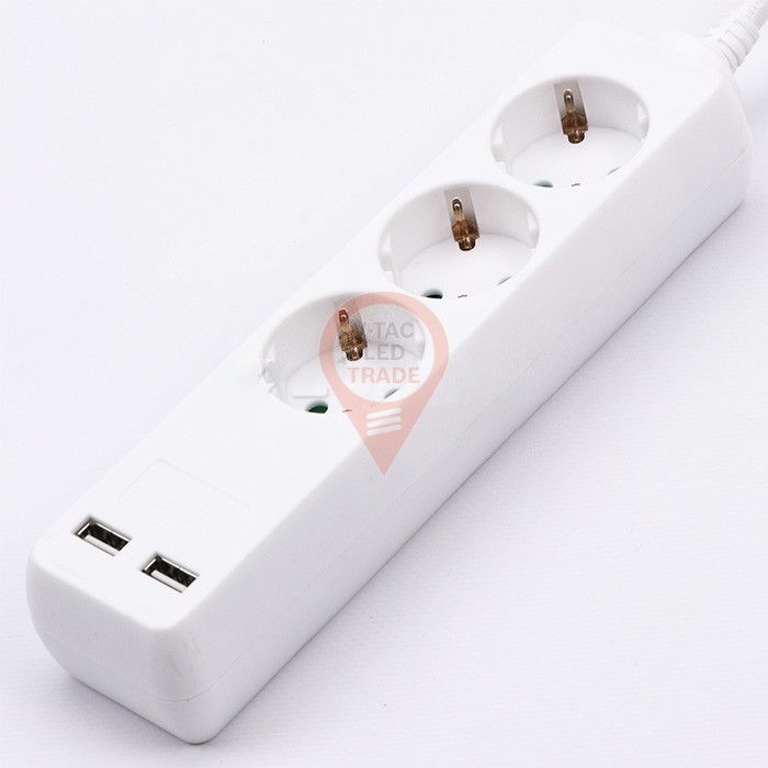 3 Ways Socket with 2 USB White Cable 1.5m